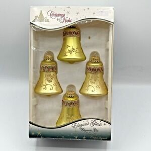 Vintage Krebs  4 Gold Glass Bell Christmas Ornaments in Box Shiny Holidays